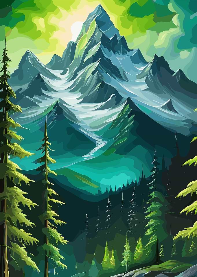 Mountain Landscape Painting with Green Trees