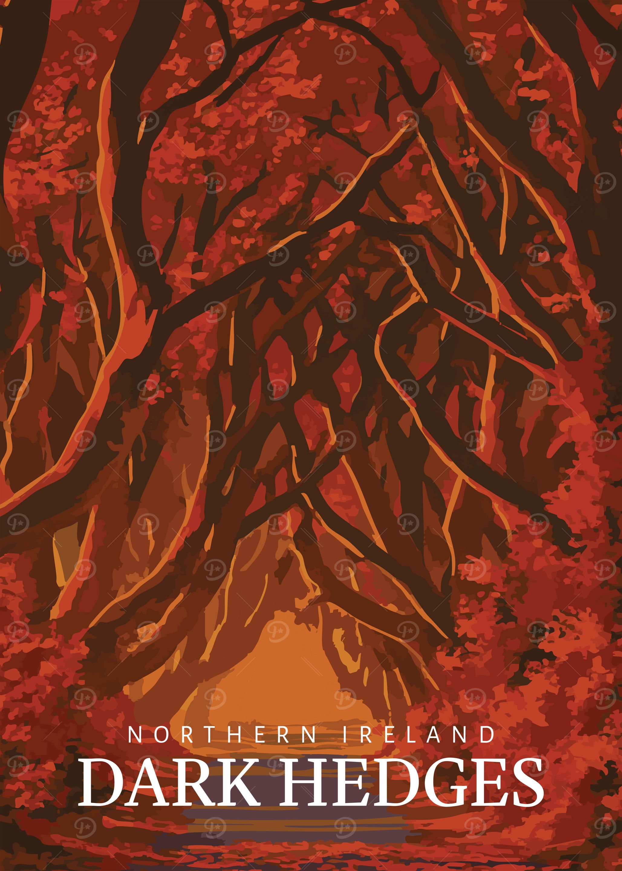 Dark Hedges, Northern Ireland Red Illustration