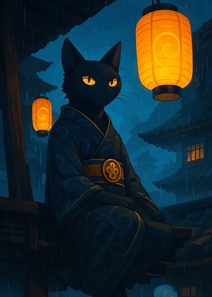 Black Cat in Kimono under Rain