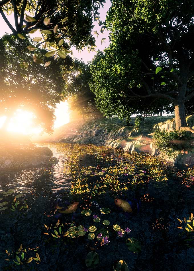 Sunlit Pond with Lily Pads