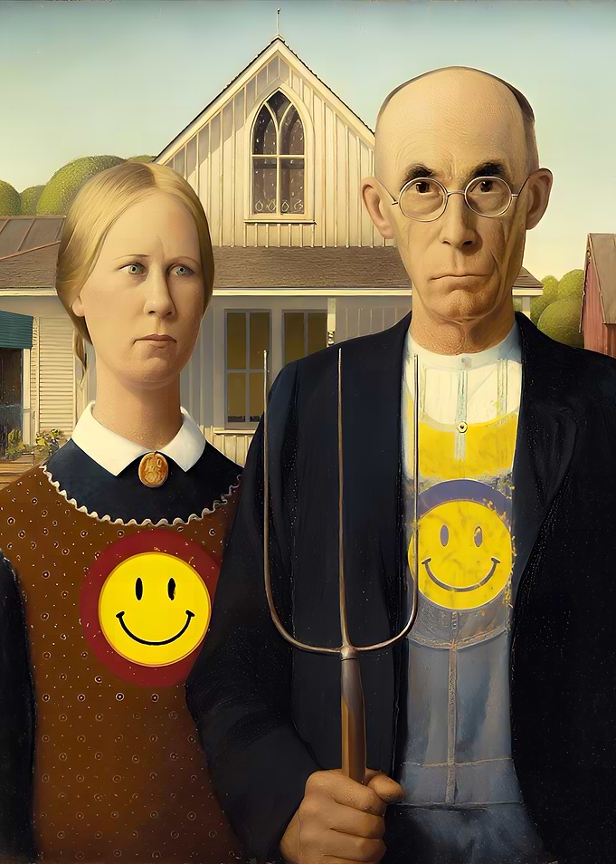 American Gothic Smiley Face Parody