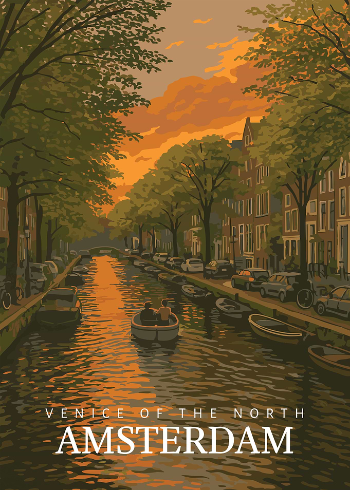 Amsterdam Canal at Sunset Illustration