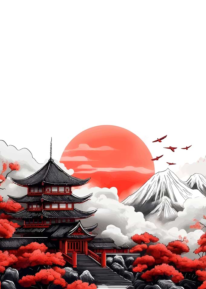 Japanese Pagoda with Rising Sun