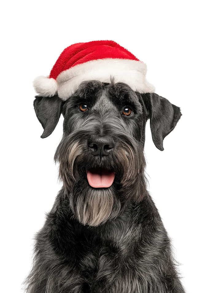 Giant Schnauzer dog with Santa hat