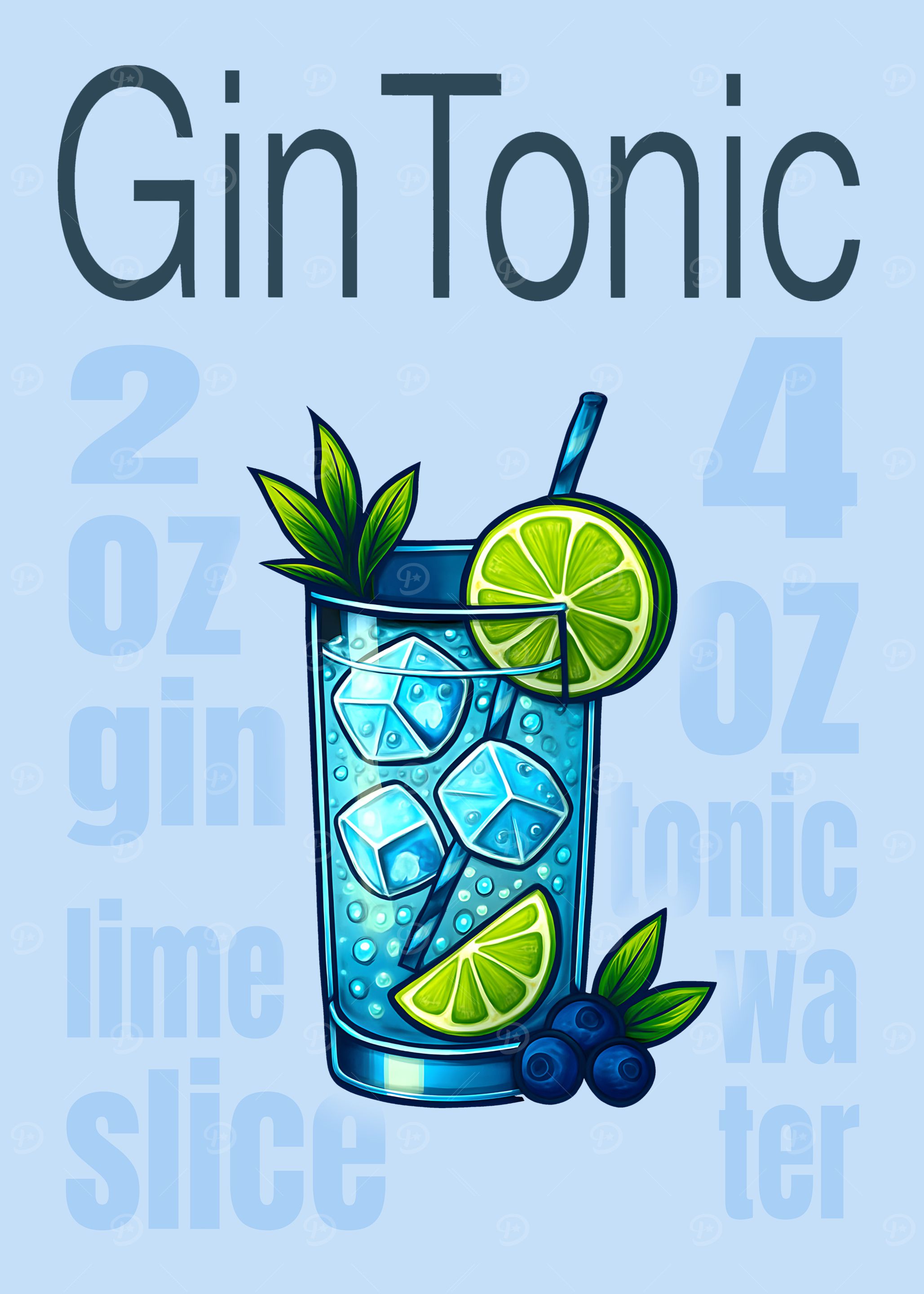 Gin and Tonic Cocktail Art Print – Crisp Botanical Drink Recipe Wall Decor for Bar, Kitchen, or Lounge