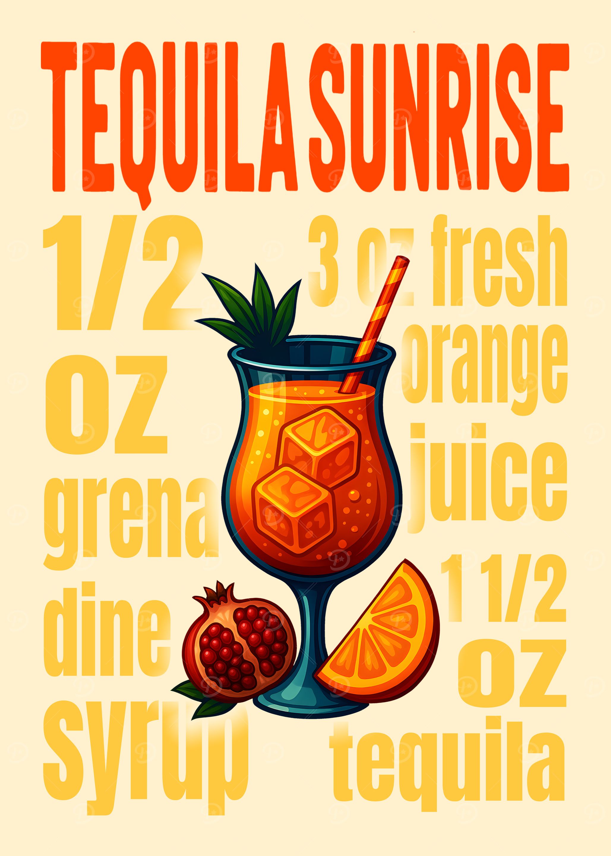 Tequila Sunrise Cocktail Art Print – Vibrant Tequila Drink Recipe Wall Decor for Bar, Kitchen, or Lounge