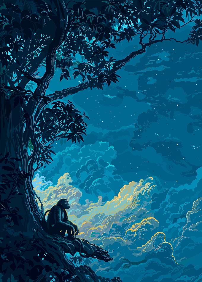 Monkey Under Tree at Night
