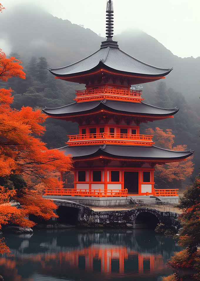 Japanese Pagoda in Autumn Landscape