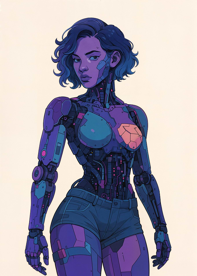 Cyborg Girl in Denim Shorts