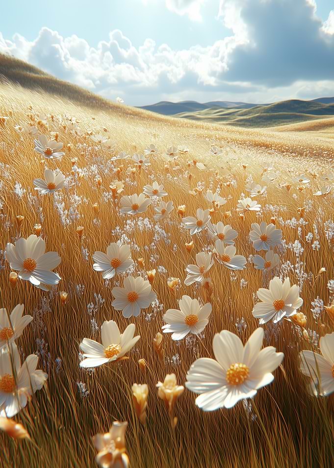 Golden Field with White Flowers