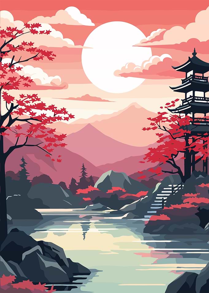 Japanese Landscape with Pagoda and Lake