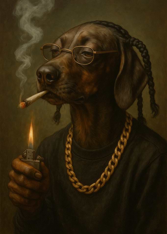 Smoking Dog with Braids and Gold snoop