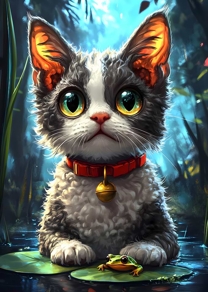 Cute Kitten and Frog on Lilypad