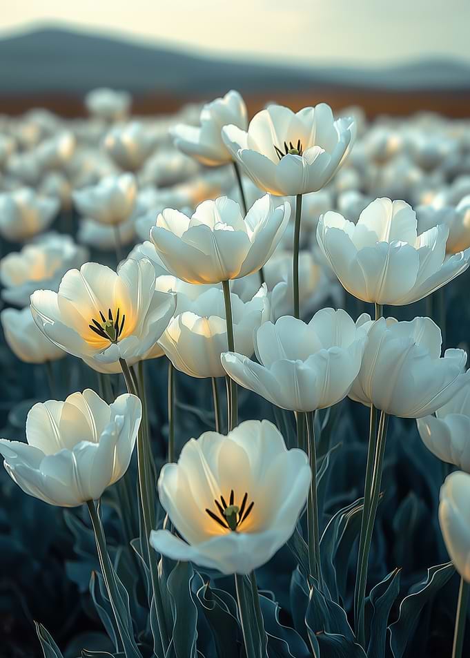Field of White Tulips at Sunset