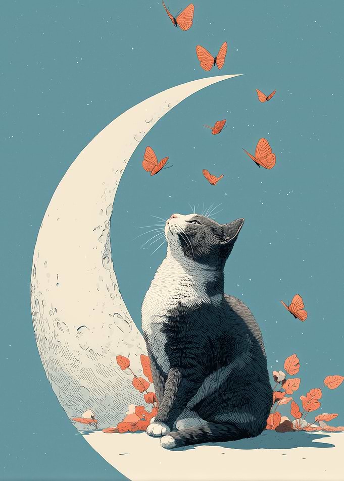 Cat, Moon, and Butterflies Illustration