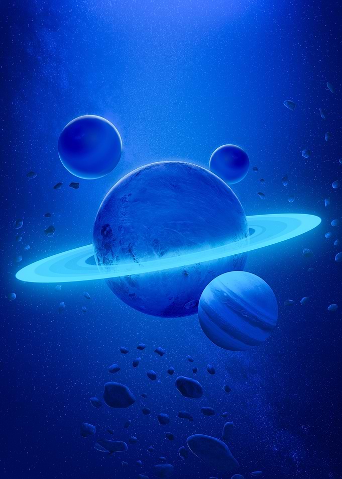 Blue Planets with Rings in Space