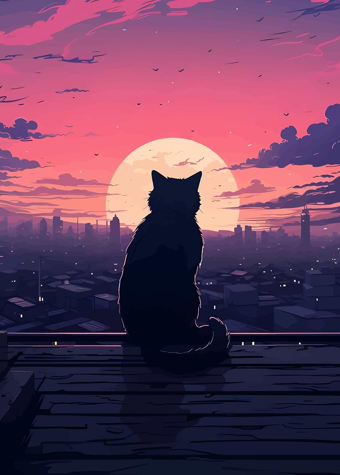 Cat Silhouette on Rooftop at Sunset