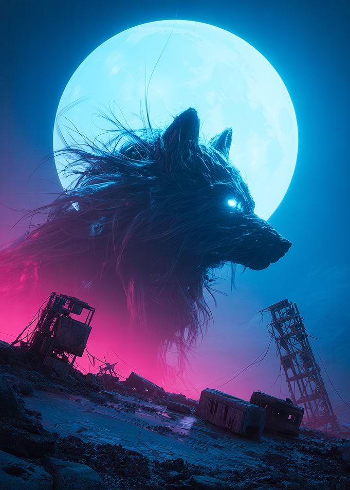 Spectral Sentinel – Turquoise Moonlit Wolf in a Fractured Realm