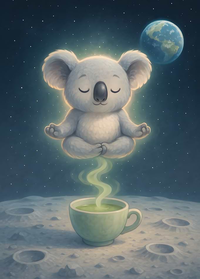 Meditating Koala with Tea on the Moon