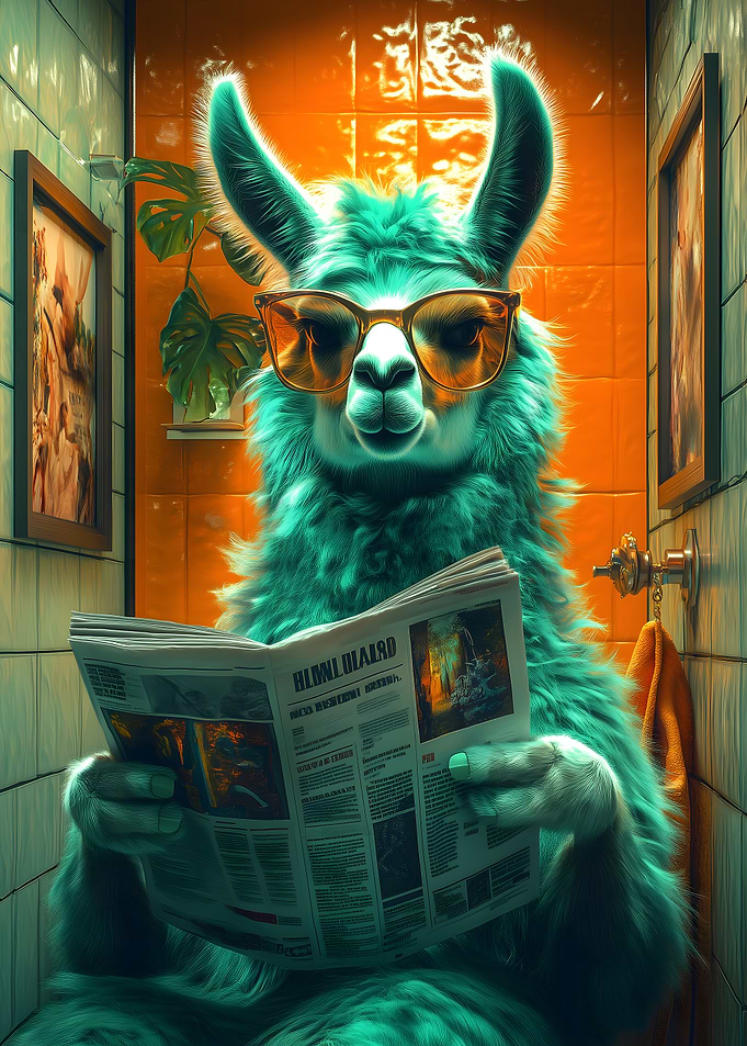 Llama Reading Newspaper in Bathroom