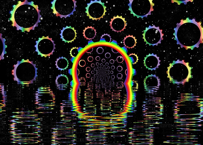 'Rainbow Gears' Fractal Space Art with Reflections