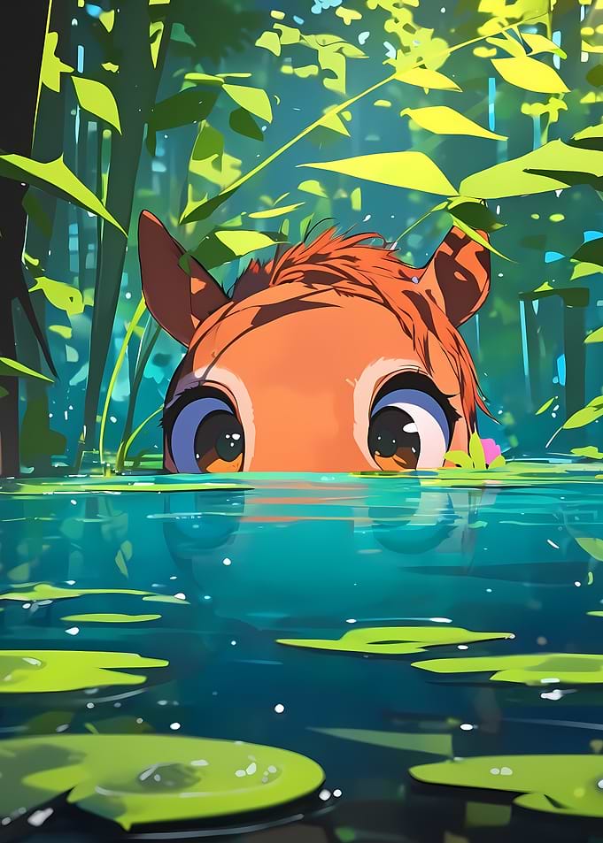 Horse in Water with Lily Pads Animal