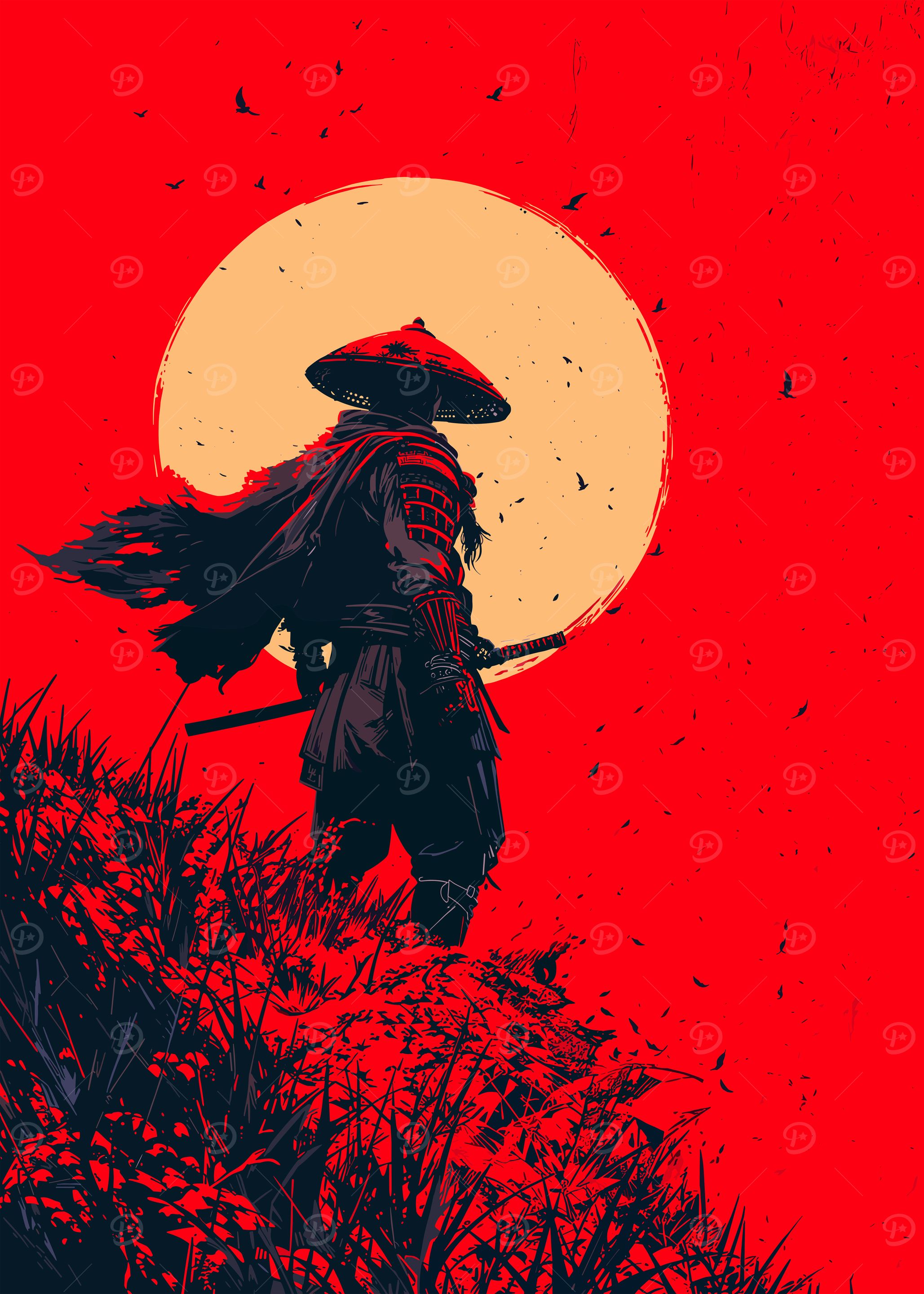 Samurai Warrior in Red Landscape