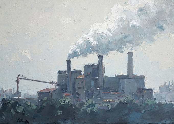 Abstract Industrial Factory Painting with Smoke