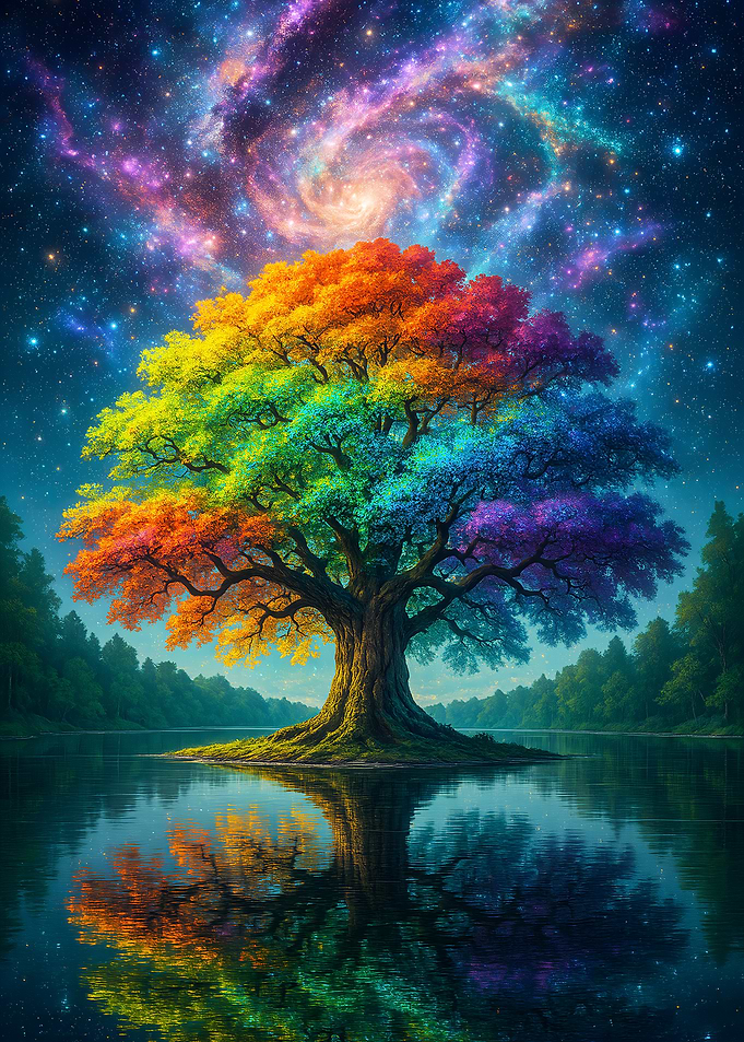 Rainbow Tree Under Galaxy Reflection