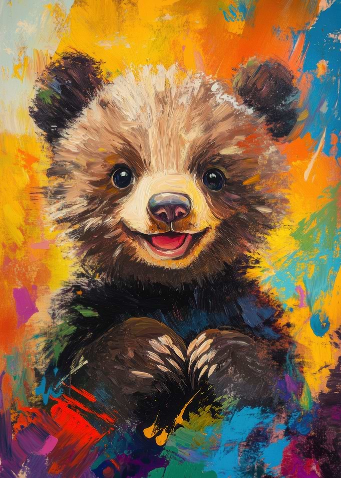 Smiling Bear Cub Colorful Painting