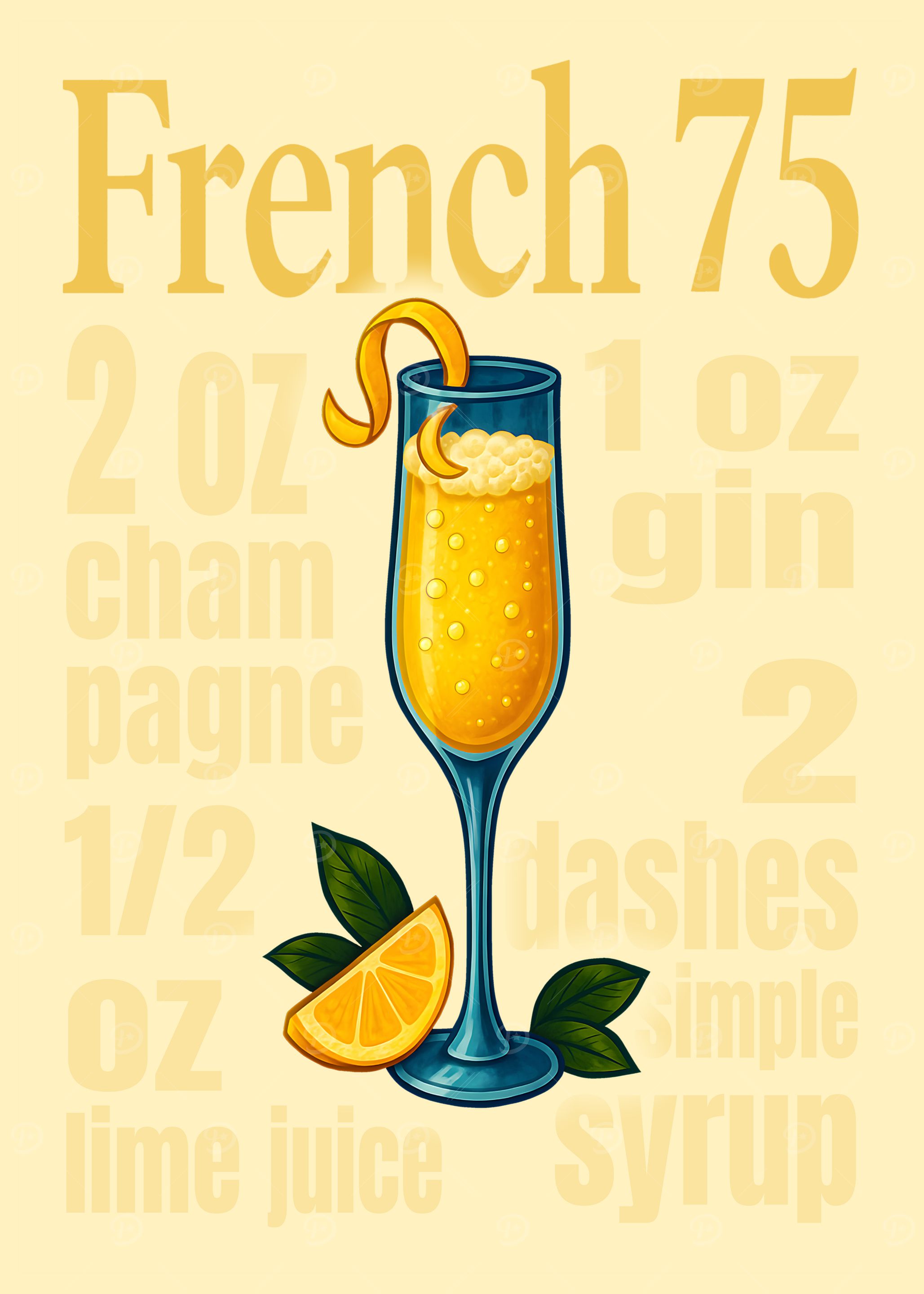 French 75 Cocktail Art Print – Elegant Champagne & Gin Drink Recipe Wall Decor for Bar, Kitchen, or Lounge
