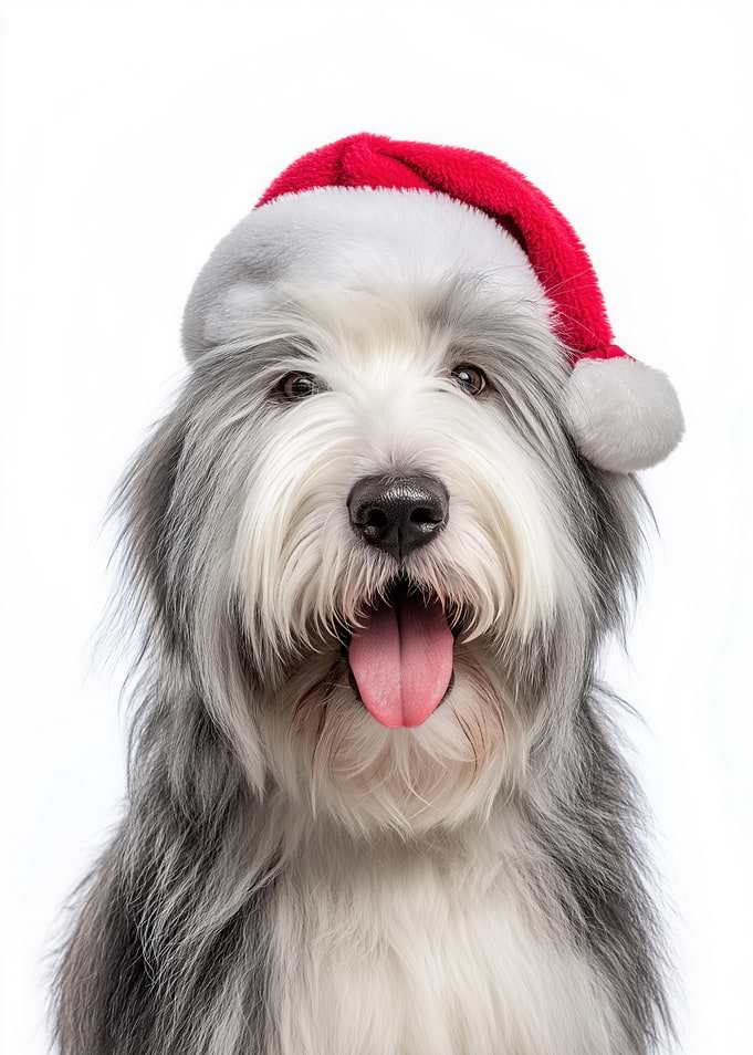 Old English Sheepdog with Santa Hat