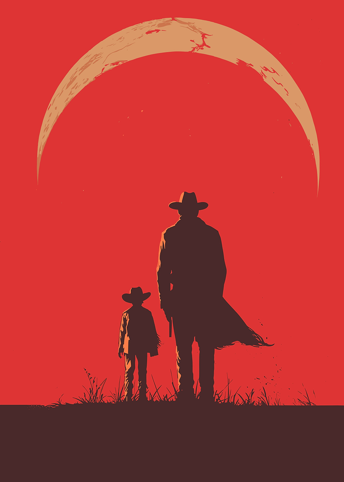Dad and Son Under Moon