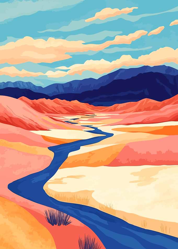 Desert River Mountains Boho Minimalist Art Illustration