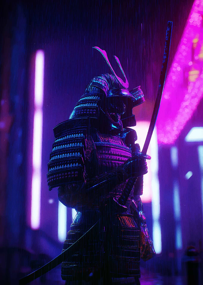 Cyberpunk Samurai in Neon Rain