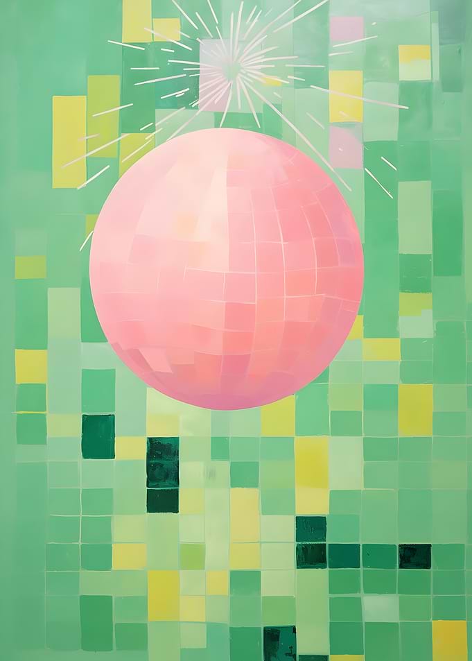 Pink Sphere on Green Pixelated Background