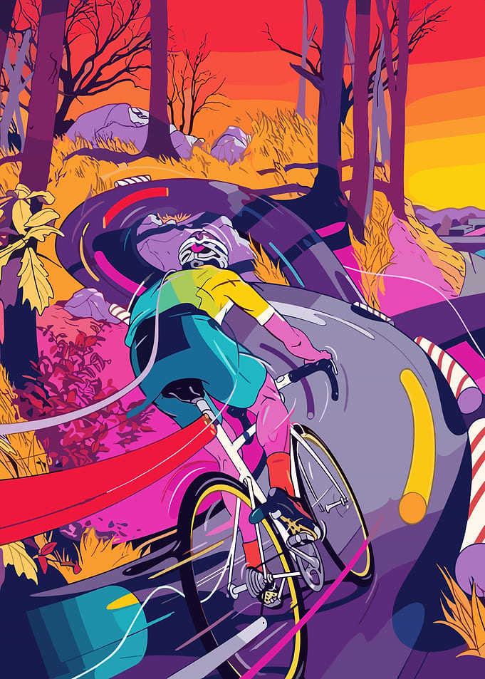 Cyclist on winding road, colorful illustration