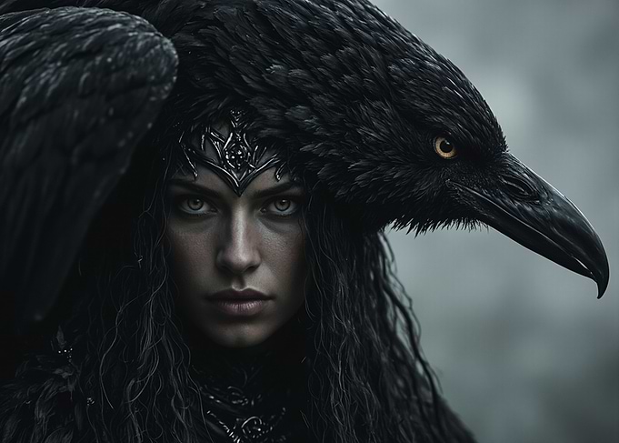 Morrigan dark celtic goddess with raven headdress portrait