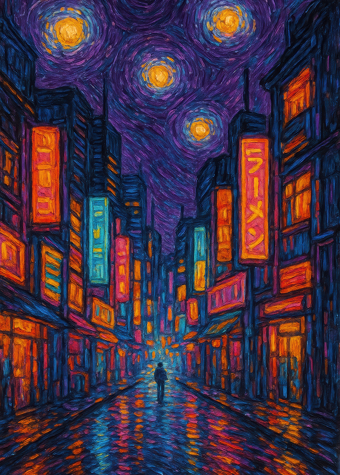 Starry Night Japanese Cityscape Painting
