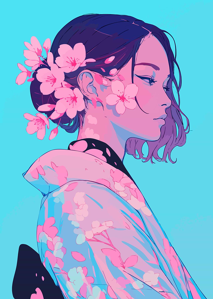 Retro Pastel Kimono Girl Cherry Blossom Sakura Minimalist Art Illustration