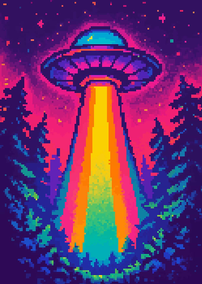 Retro UFO Pixel Art Colorful Beaming Up