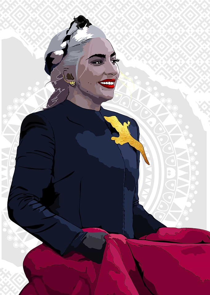 Lady Gaga Illustration with Gold Brooch