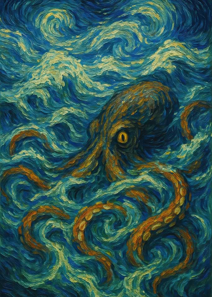 Octopus in swirling ocean painting
