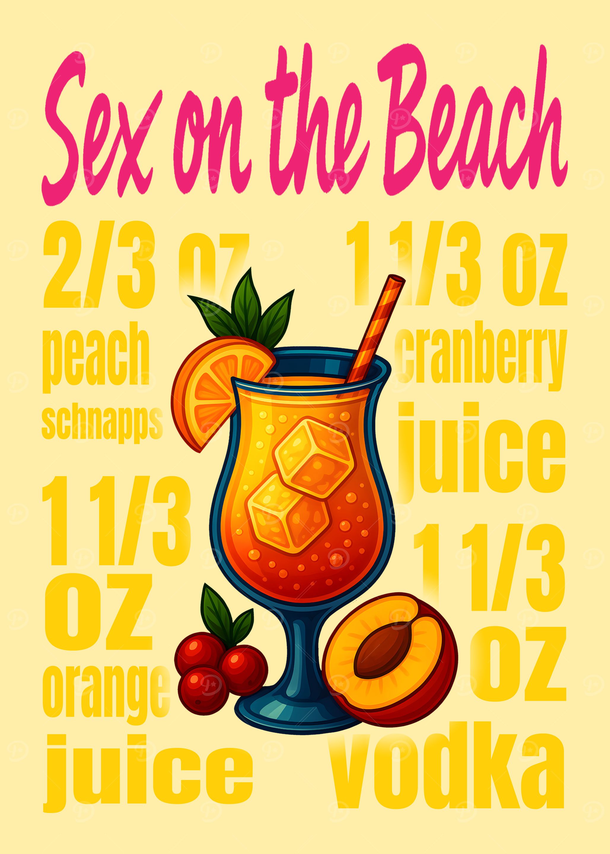 Sex on the Beach Cocktail Art Print – Fruity Vodka Drink Recipe Wall Decor for Bar, Kitchen, or Lounge