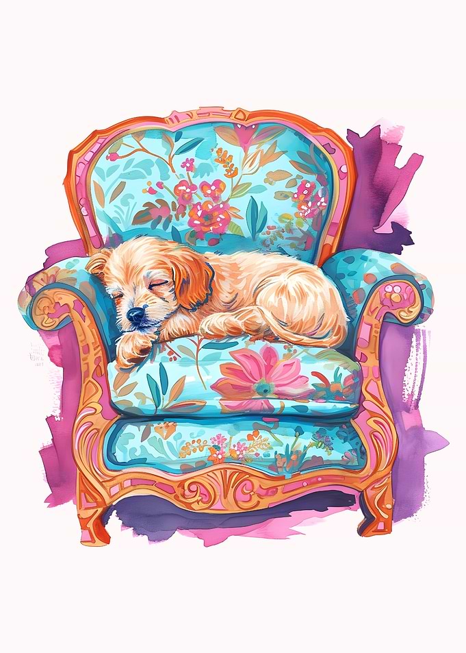 Sleeping Puppy on Floral Armchair