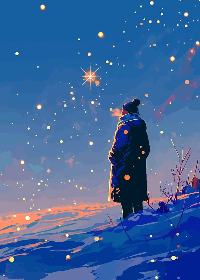 Winter Woman Stargazing Evening Minimalist Art Illustration