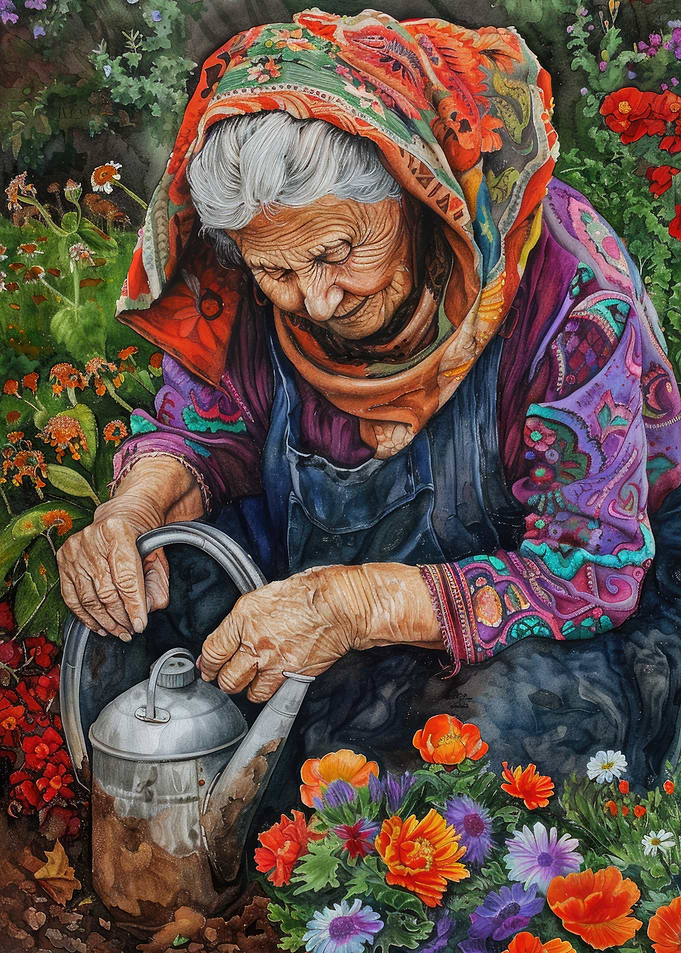 Grandmother Watering Flowers Watercolor Painting