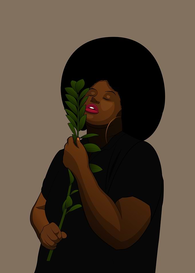 Woman with Afro and Green Plant