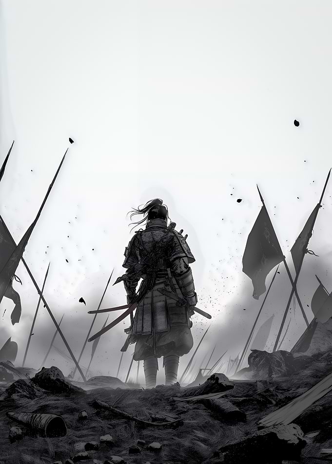Samurai Warrior in Monochrome Landscape