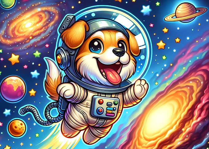 Cute Astronaut Dog in Colorful Galaxy – Whimsical Space Art Poster